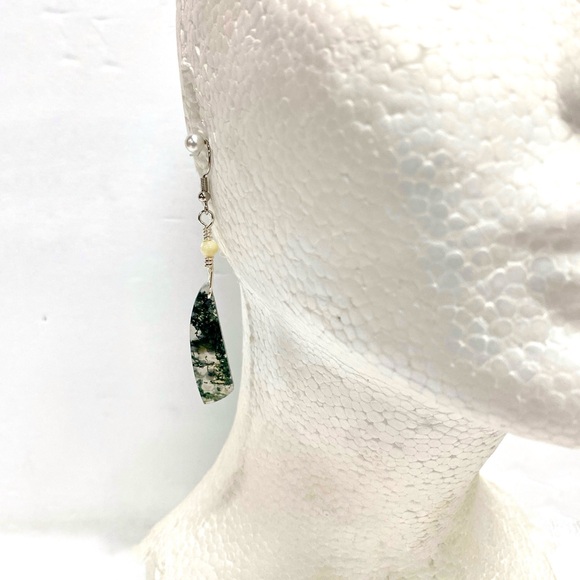 HANDCRAFTED Moss Agate & Mother of Pearl Hand Wrapped Casual Earrings, Gift Her - Picture 2 of 10